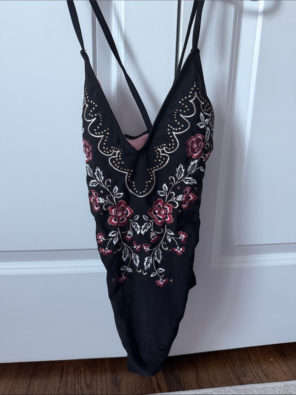 Xhilaration Black One-Piece Swimsuit with Floral Embroidery and Gold Studs